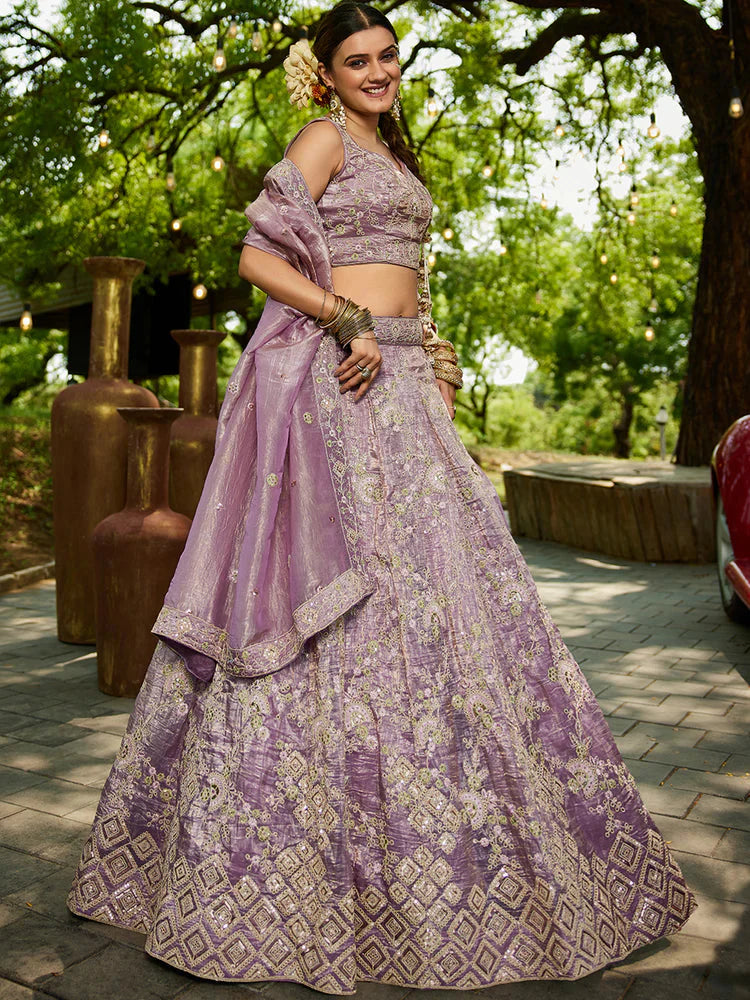 Lavender Tissue Lehenga Choli Set with Heavy Sequin & Thread Embroidery  Semi-Stitched Full Flare Lehenga with Ethnic Dupatta