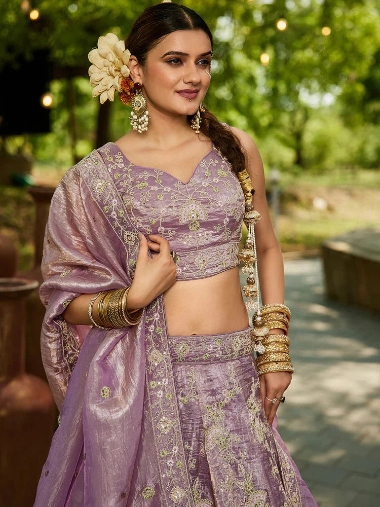 Lavender Tissue Lehenga Choli Set with Heavy Sequin & Thread Embroidery  Semi-Stitched Full Flare Lehenga with Ethnic Dupatta