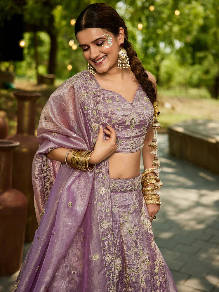 Lavender Tissue Lehenga Choli Set with Heavy Sequin & Thread Embroidery  Semi-Stitched Full Flare Lehenga with Ethnic Dupatta