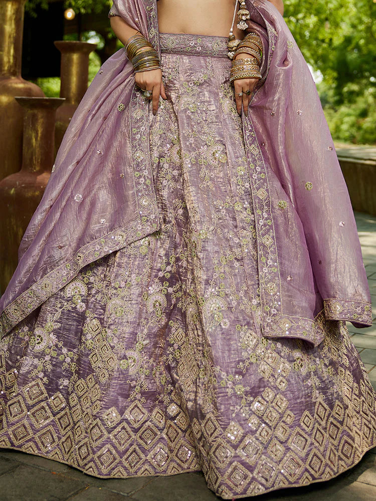 Lavender Tissue Lehenga Choli Set with Heavy Sequin & Thread Embroidery  Semi-Stitched Full Flare Lehenga with Ethnic Dupatta