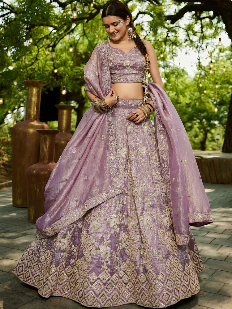 Lavender Tissue Lehenga Choli Set with Heavy Sequin & Thread Embroidery  Semi-Stitched Full Flare Lehenga with Ethnic Dupatta