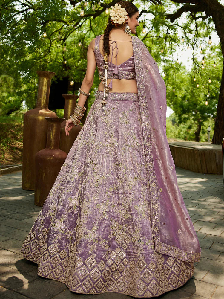 Lavender Tissue Lehenga Choli Set with Heavy Sequin & Thread Embroidery  Semi-Stitched Full Flare Lehenga with Ethnic Dupatta
