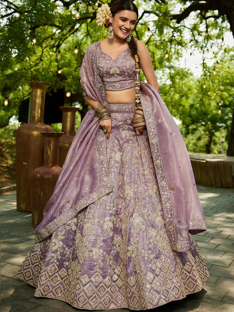 Lavender Tissue Lehenga Choli Set with Heavy Sequin & Thread Embroidery  Semi-Stitched Full Flare Lehenga with Ethnic Dupatta