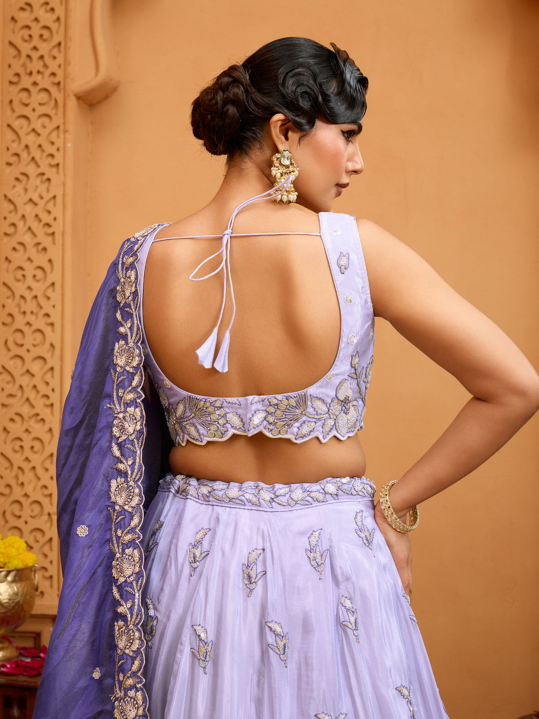 Lavender Tissue Lehenga Choli with Navy Blue Dupatta – Sequin, Beads & Thread Embroidery Work Semi-Stitched Festive & Party Wear
