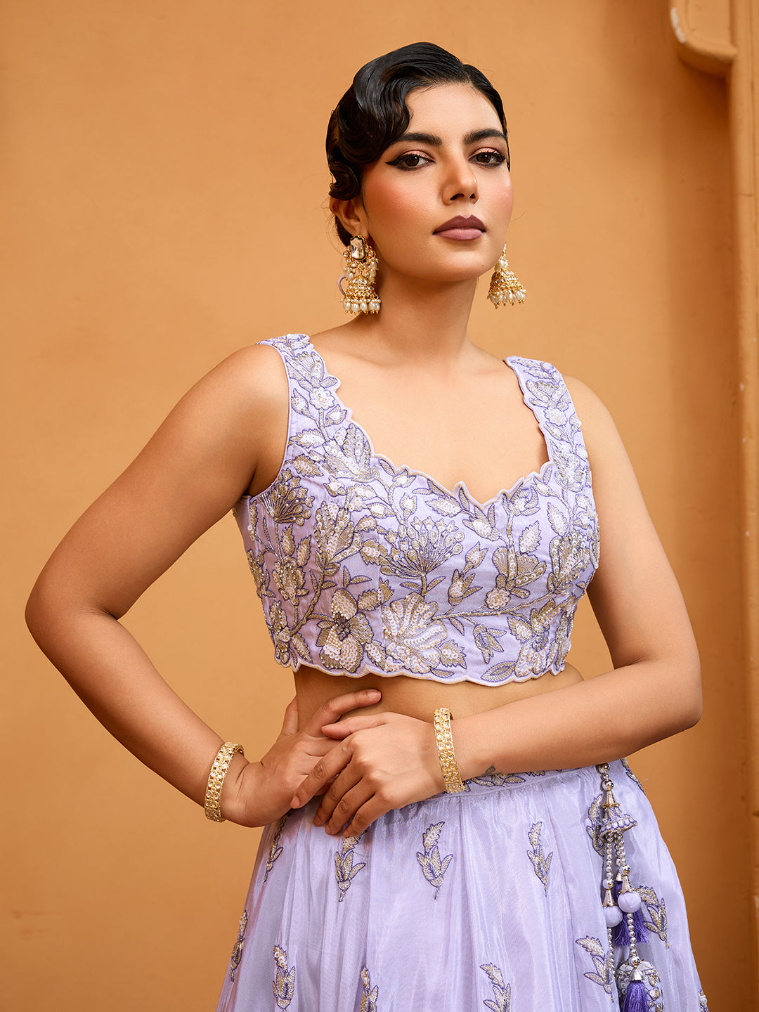 Lavender Tissue Lehenga Choli with Navy Blue Dupatta – Sequin, Beads & Thread Embroidery Work Semi-Stitched Festive & Party Wear