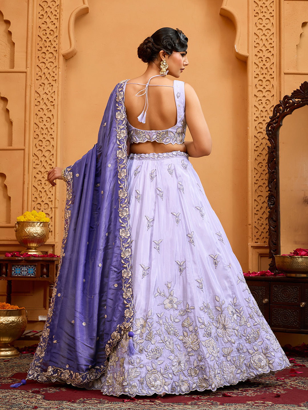 Lavender Tissue Lehenga Choli with Navy Blue Dupatta – Sequin, Beads & Thread Embroidery Work Semi-Stitched Festive & Party Wear