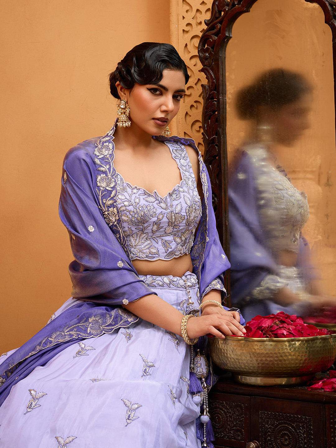 Lavender Tissue Lehenga Choli with Navy Blue Dupatta – Sequin, Beads & Thread Embroidery Work Semi-Stitched Festive & Party Wear