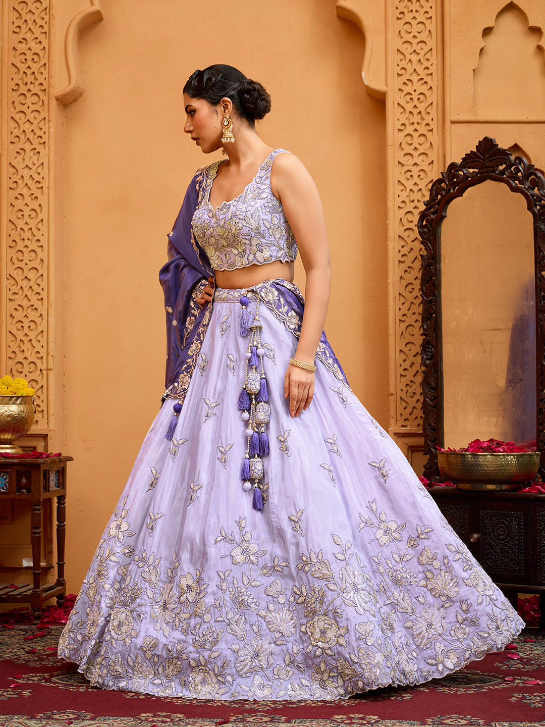 Lavender Tissue Lehenga Choli with Navy Blue Dupatta – Sequin, Beads & Thread Embroidery Work Semi-Stitched Festive & Party Wear