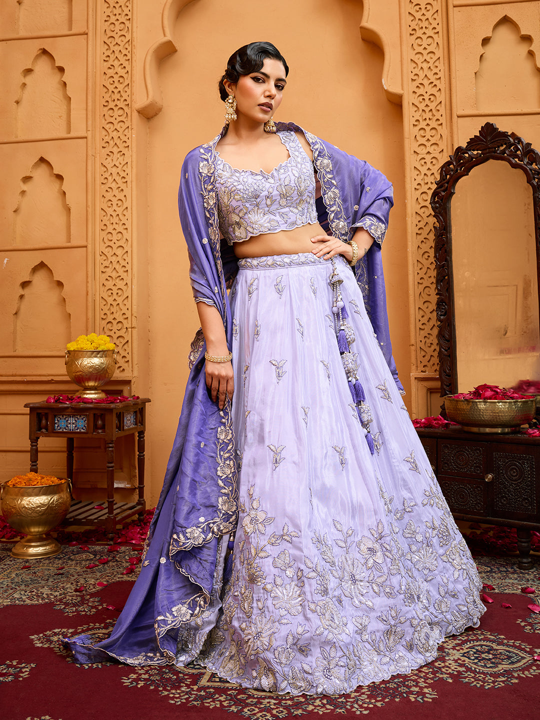Lavender Tissue Lehenga Choli with Navy Blue Dupatta – Sequin, Beads & Thread Embroidery Work Semi-Stitched Festive & Party Wear