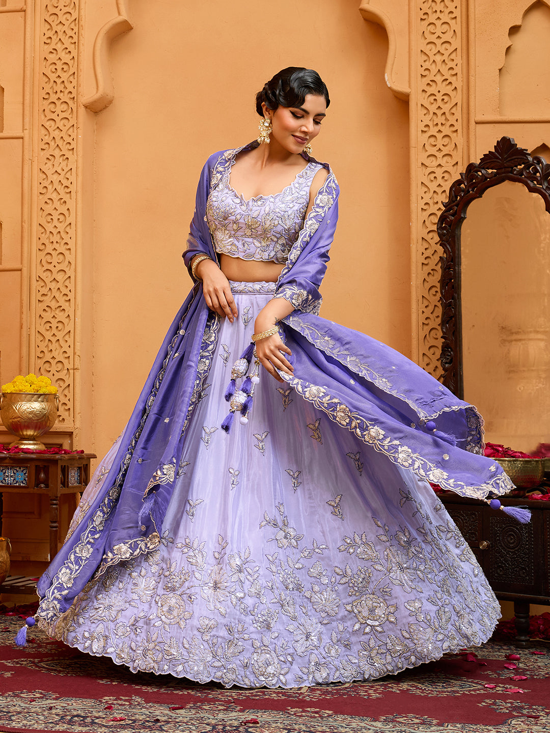 Lavender Tissue Lehenga Choli with Navy Blue Dupatta – Sequin, Beads & Thread Embroidery Work Semi-Stitched Festive & Party Wear