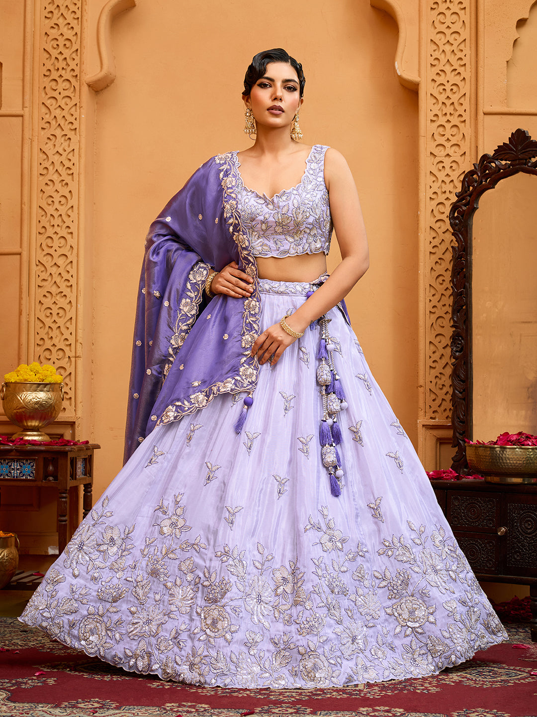 Lavender Tissue Lehenga Choli with Navy Blue Dupatta – Sequin, Beads & Thread Embroidery Work Semi-Stitched Festive & Party Wear