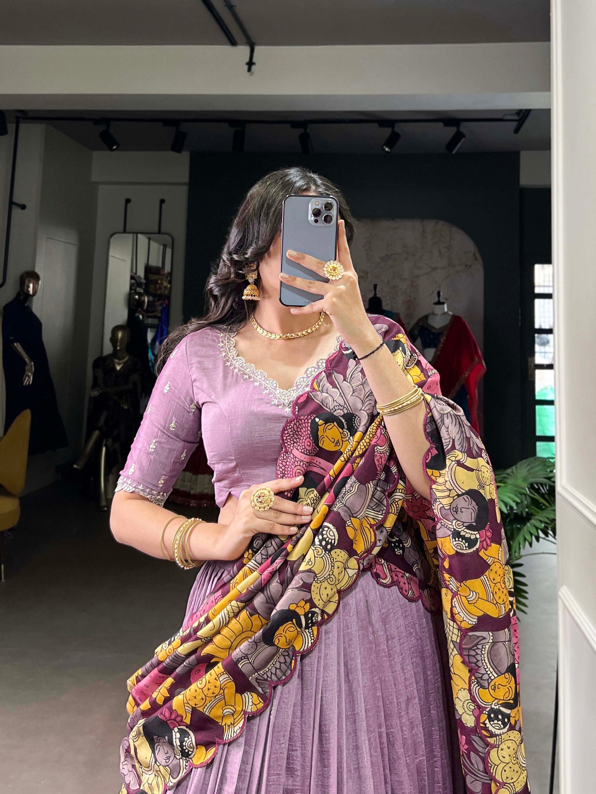 Lavender Vichitra Silk Embroidered Lehenga Set with Kalamkari Print Dupatta
