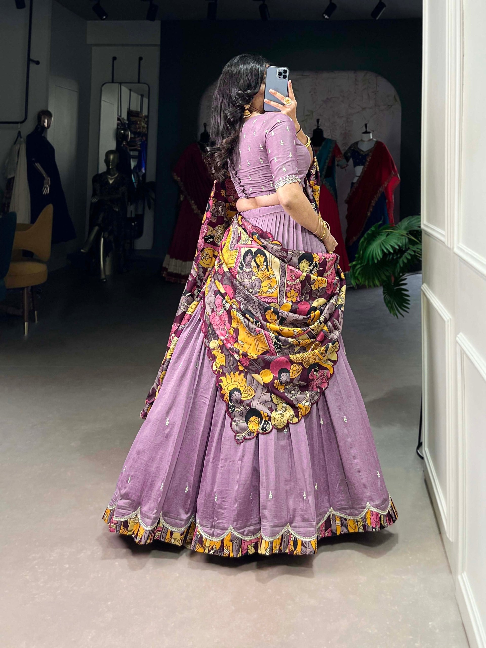 Lavender Vichitra Silk Embroidered Lehenga Set with Kalamkari Print Dupatta