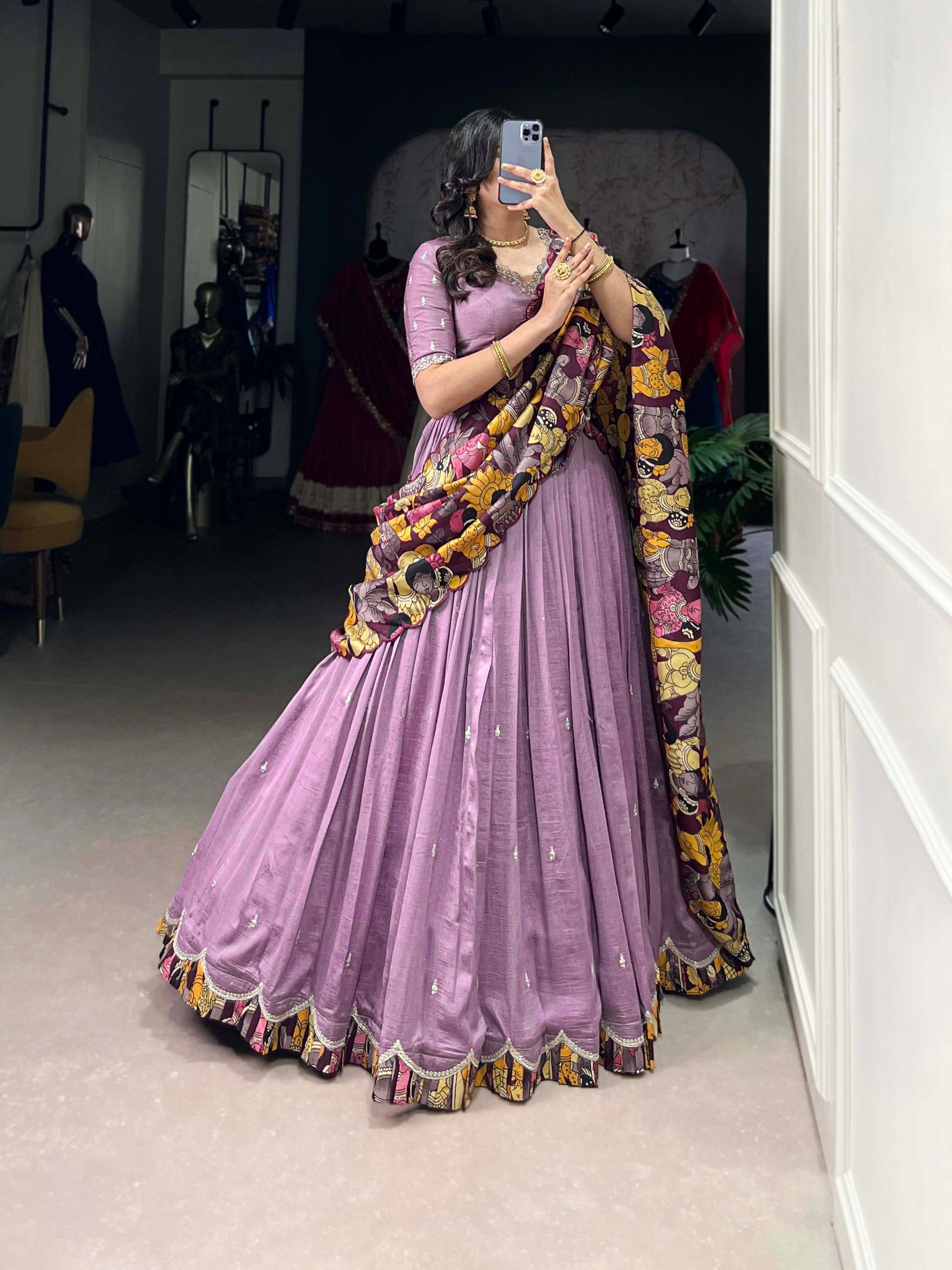 Lavender Vichitra Silk Embroidered Lehenga Set with Kalamkari Print Dupatta