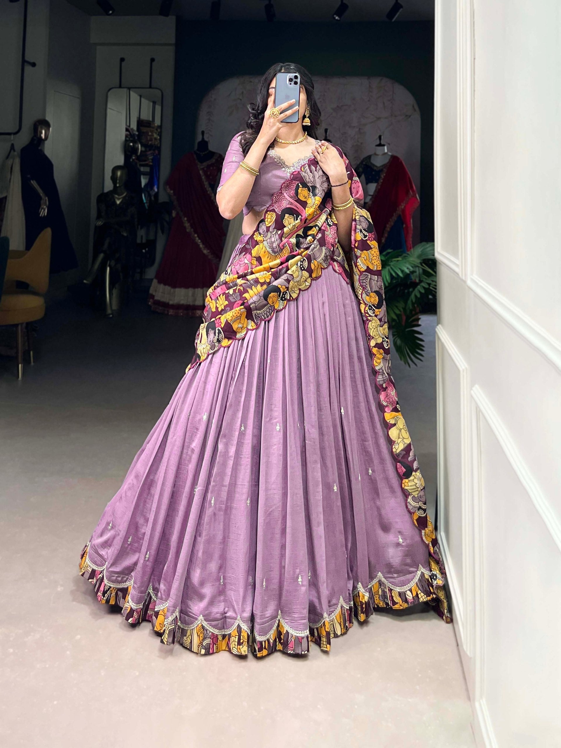 Lavender Vichitra Silk Embroidered Lehenga Set with Kalamkari Print Dupatta