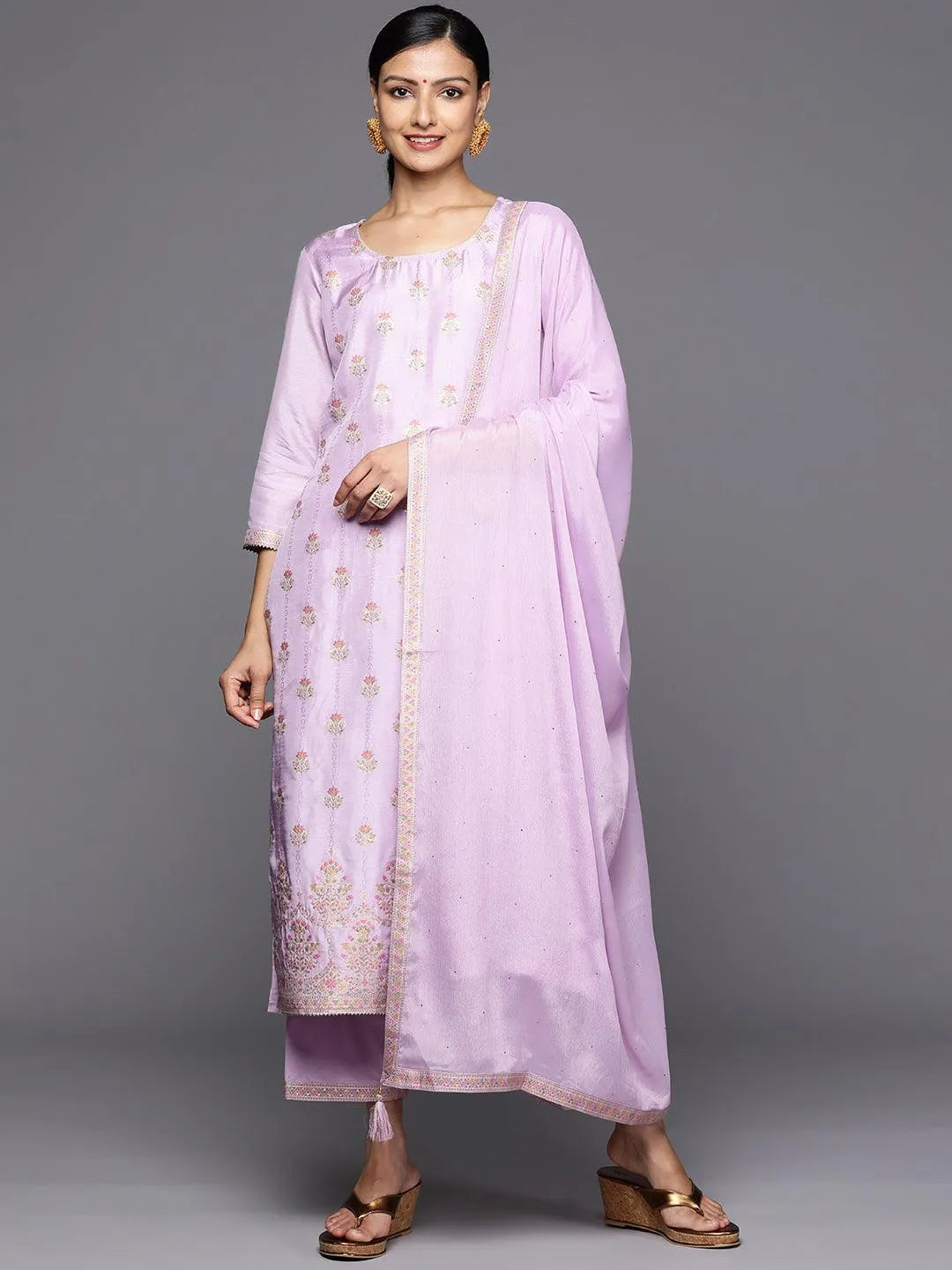 Anouk Lavender Woven Design Silk Blend Straight Kurta With Trousers & Dupatta