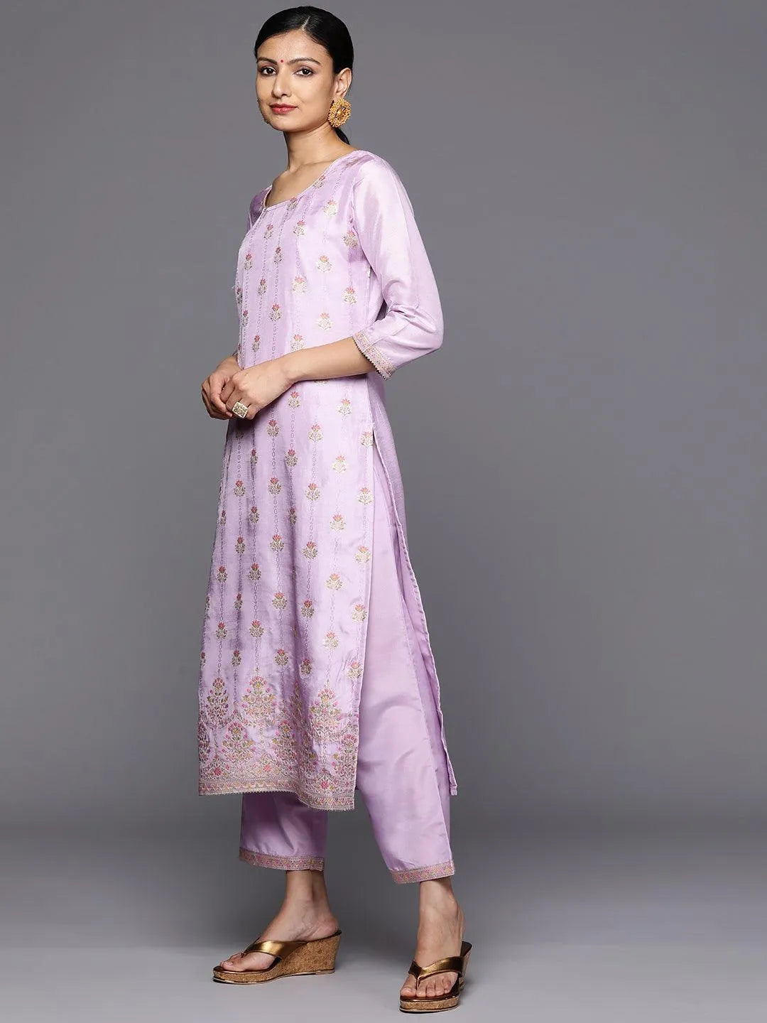 Anouk Lavender Woven Design Silk Blend Straight Kurta With Trousers & Dupatta