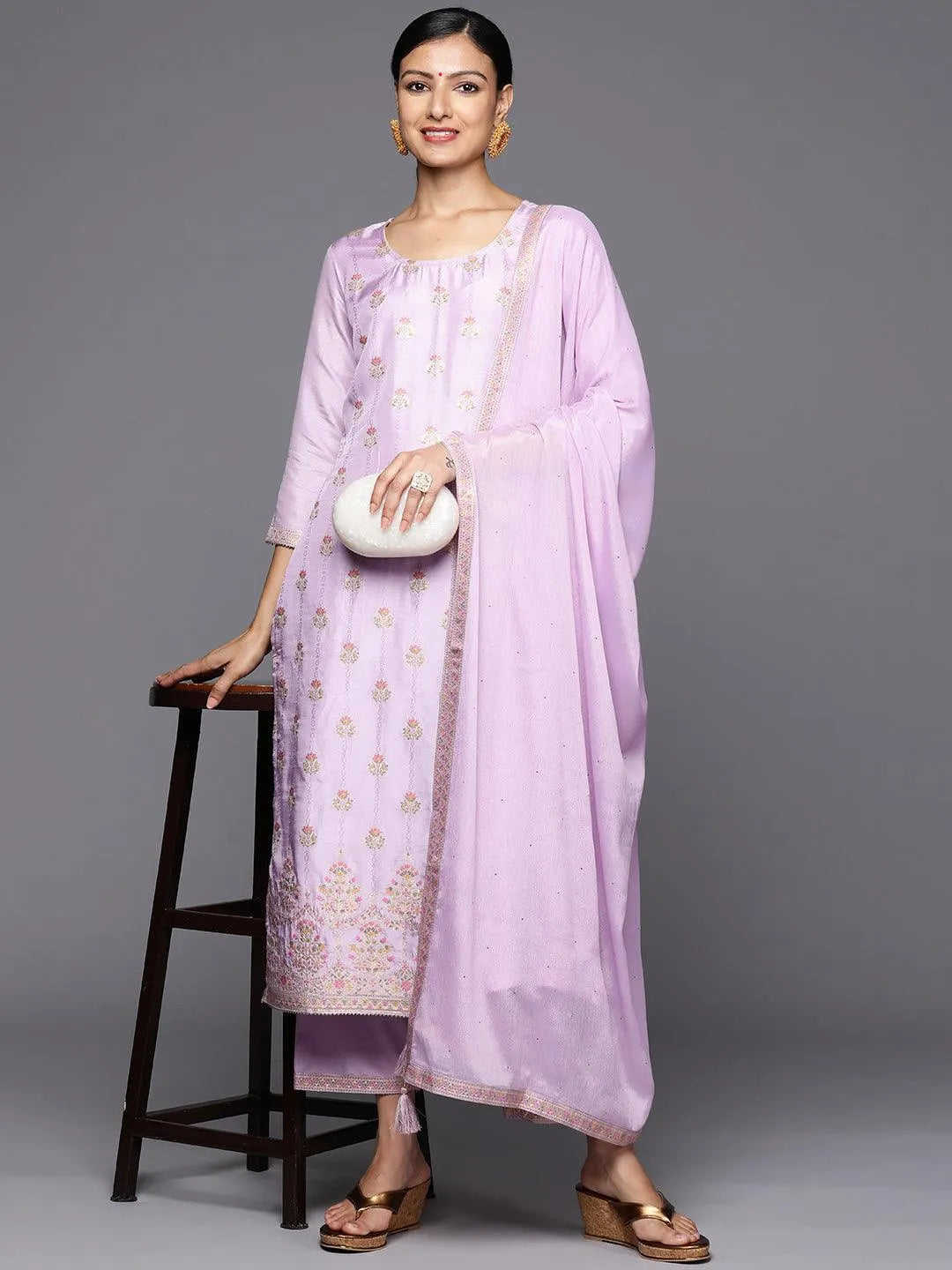 Anouk Lavender Woven Design Silk Blend Straight Kurta With Trousers & Dupatta