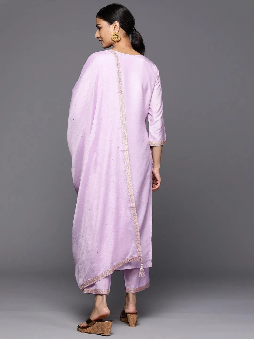 Anouk Lavender Woven Design Silk Blend Straight Kurta With Trousers & Dupatta
