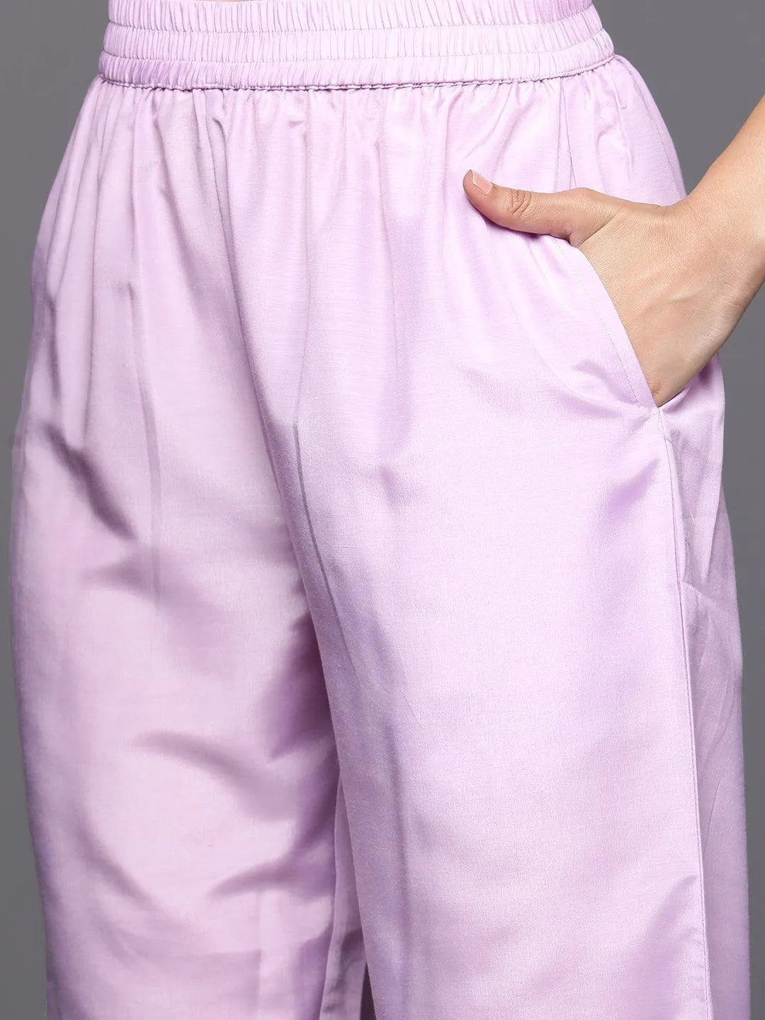 Anouk Lavender Woven Design Silk Blend Straight Kurta With Trousers & Dupatta