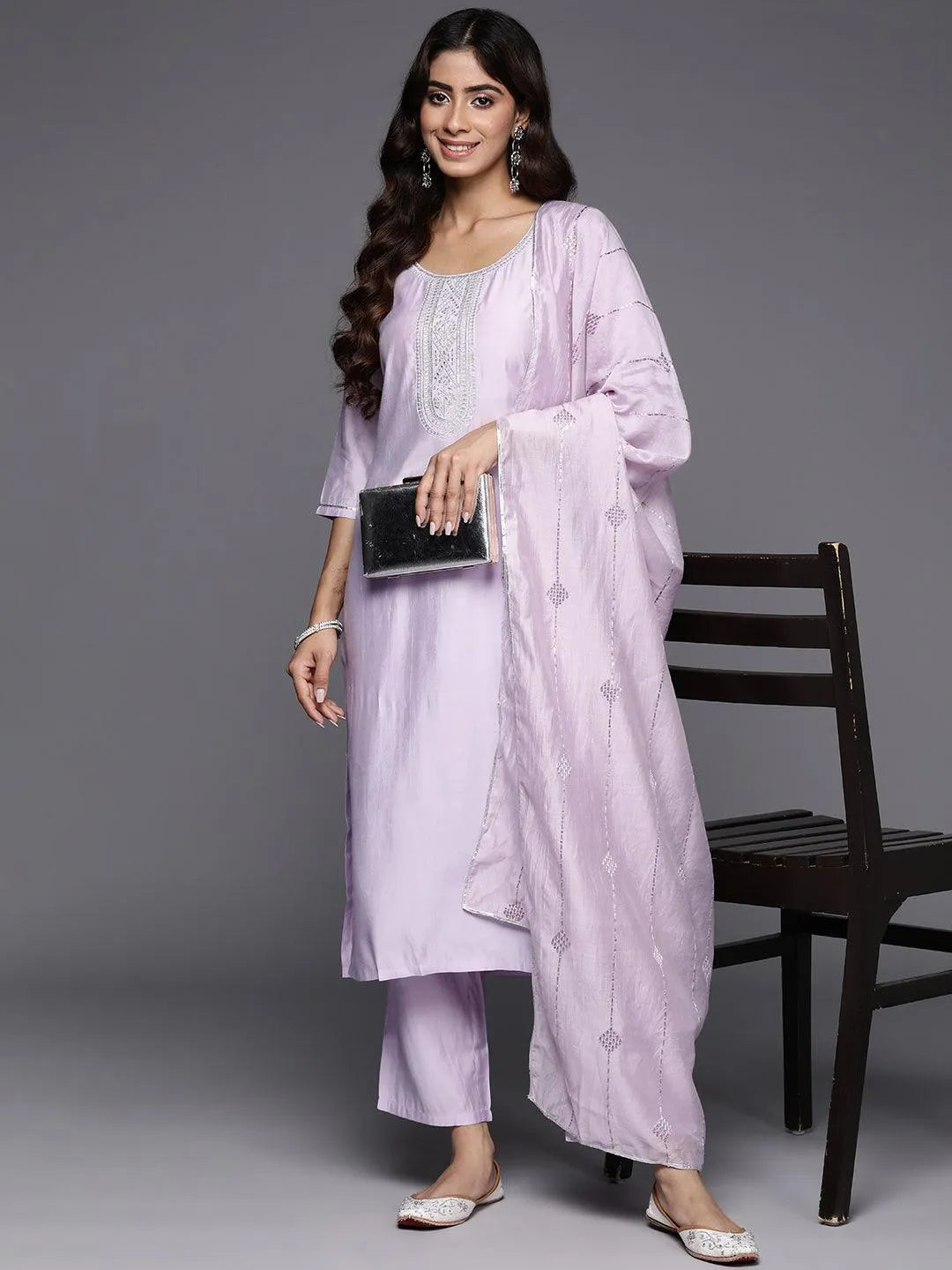 Anouk Lavender Yoke Design Silk Blend Straight Suit With Dupatta