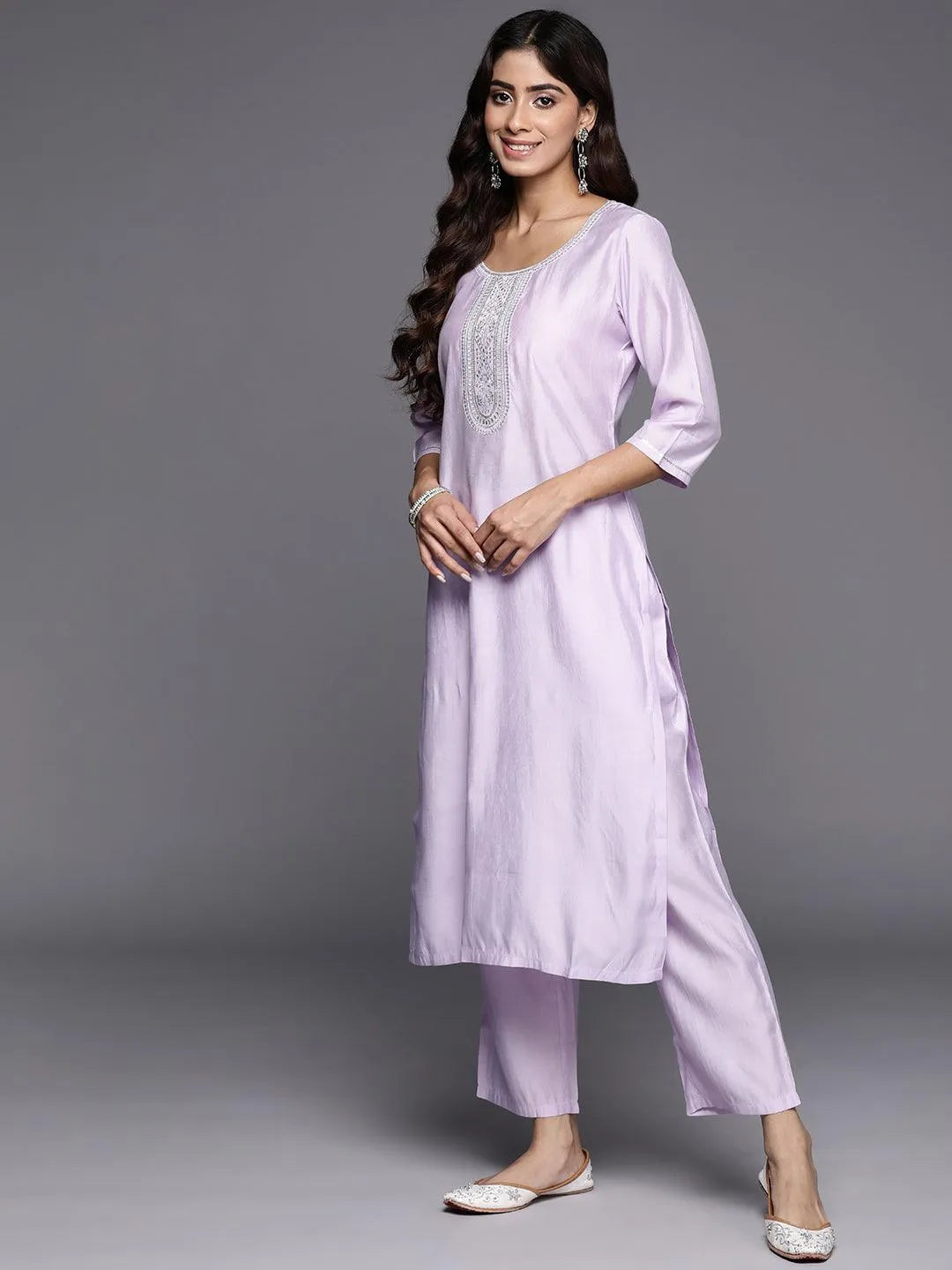 Anouk Lavender Yoke Design Silk Blend Straight Suit With Dupatta
