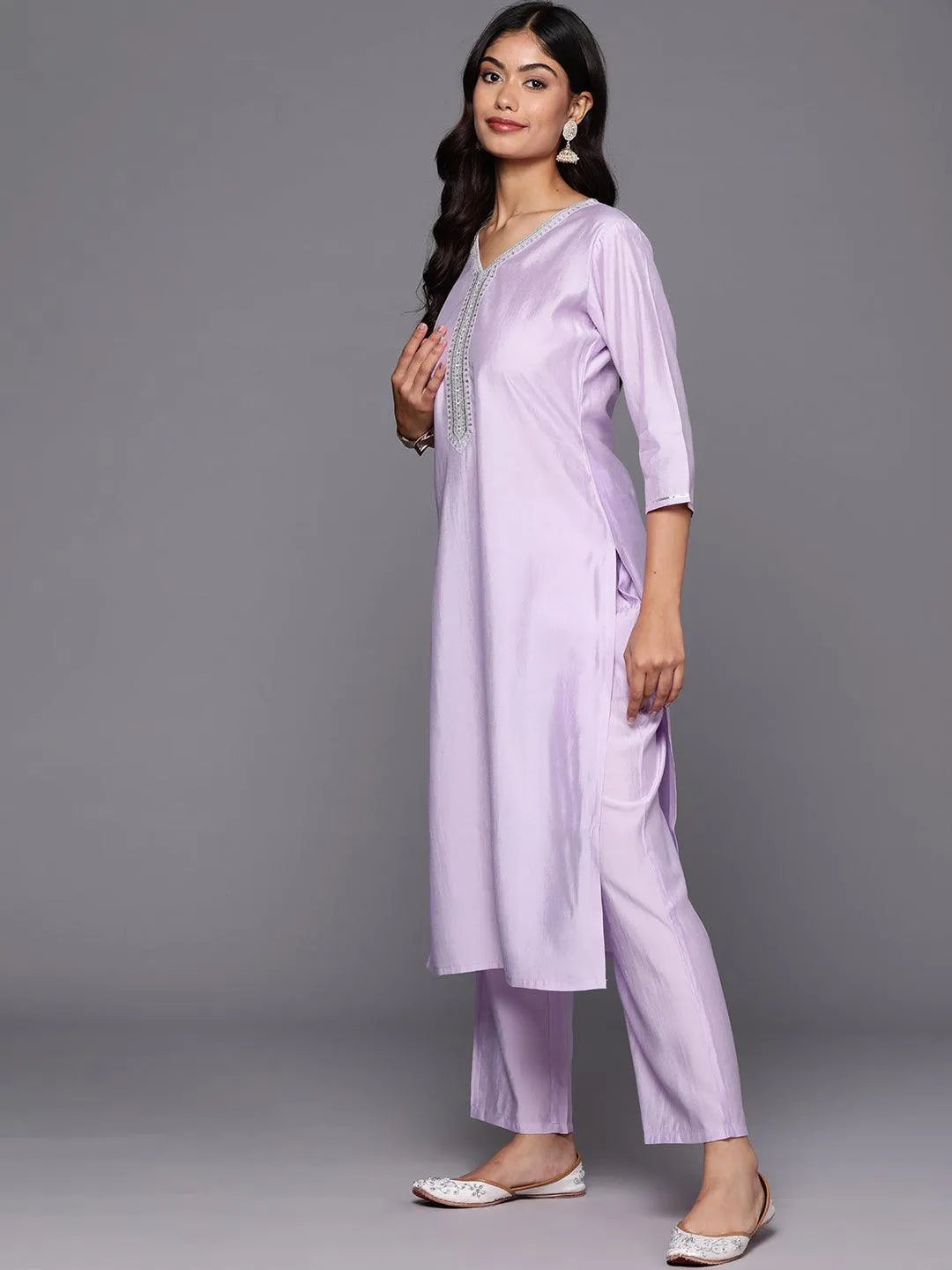 Anouk Lavender Yoke Design Silk Blend Straight Suit With Dupatta