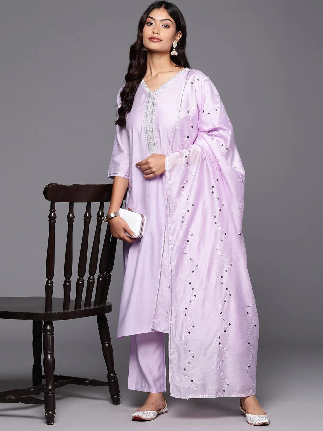 Anouk Lavender Yoke Design Silk Blend Straight Suit With Dupatta
