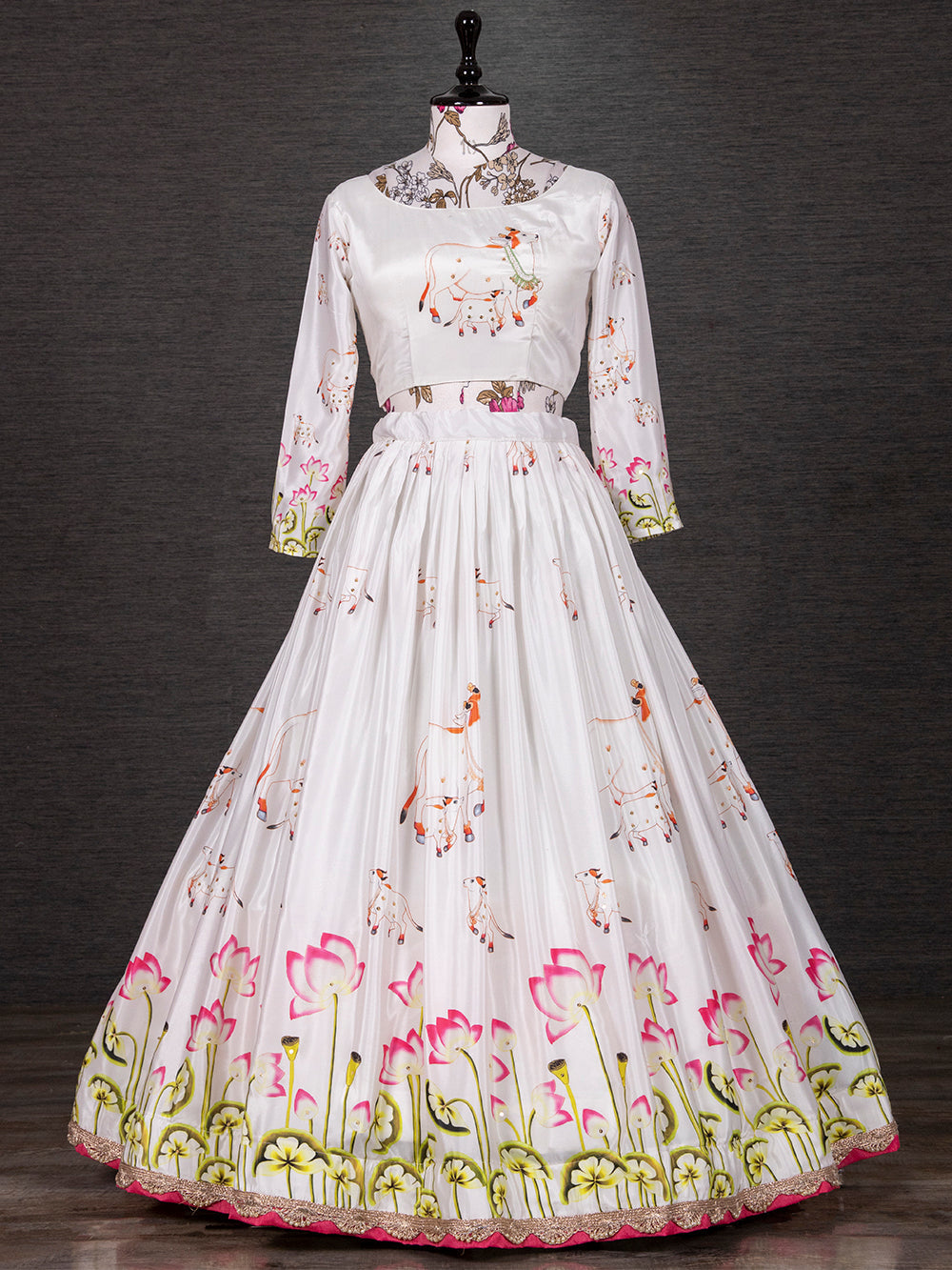 White Color Printed Silk Lehenga Choli With Dupatta