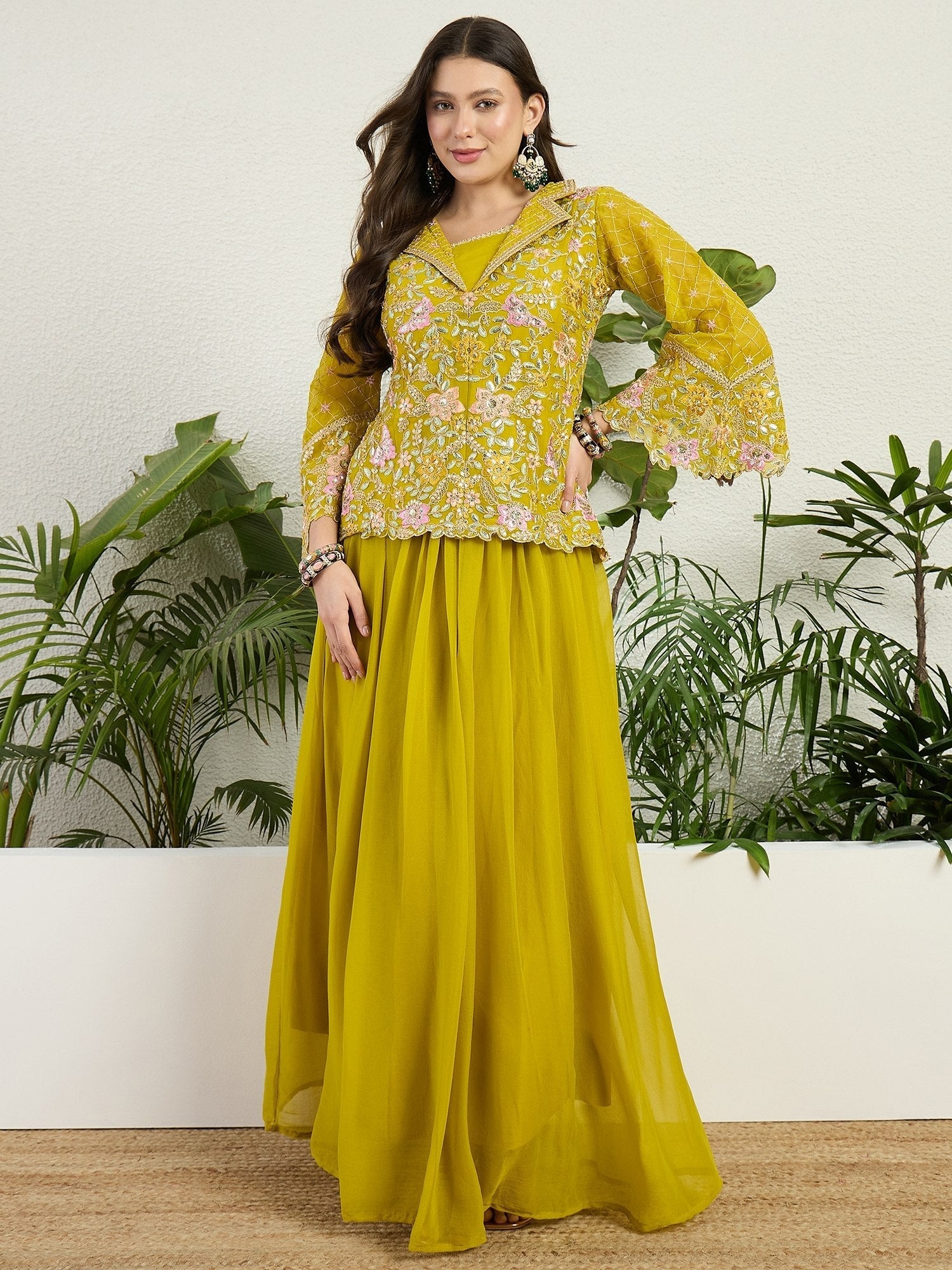 Lemon Embroidered top & bottom ethnic set