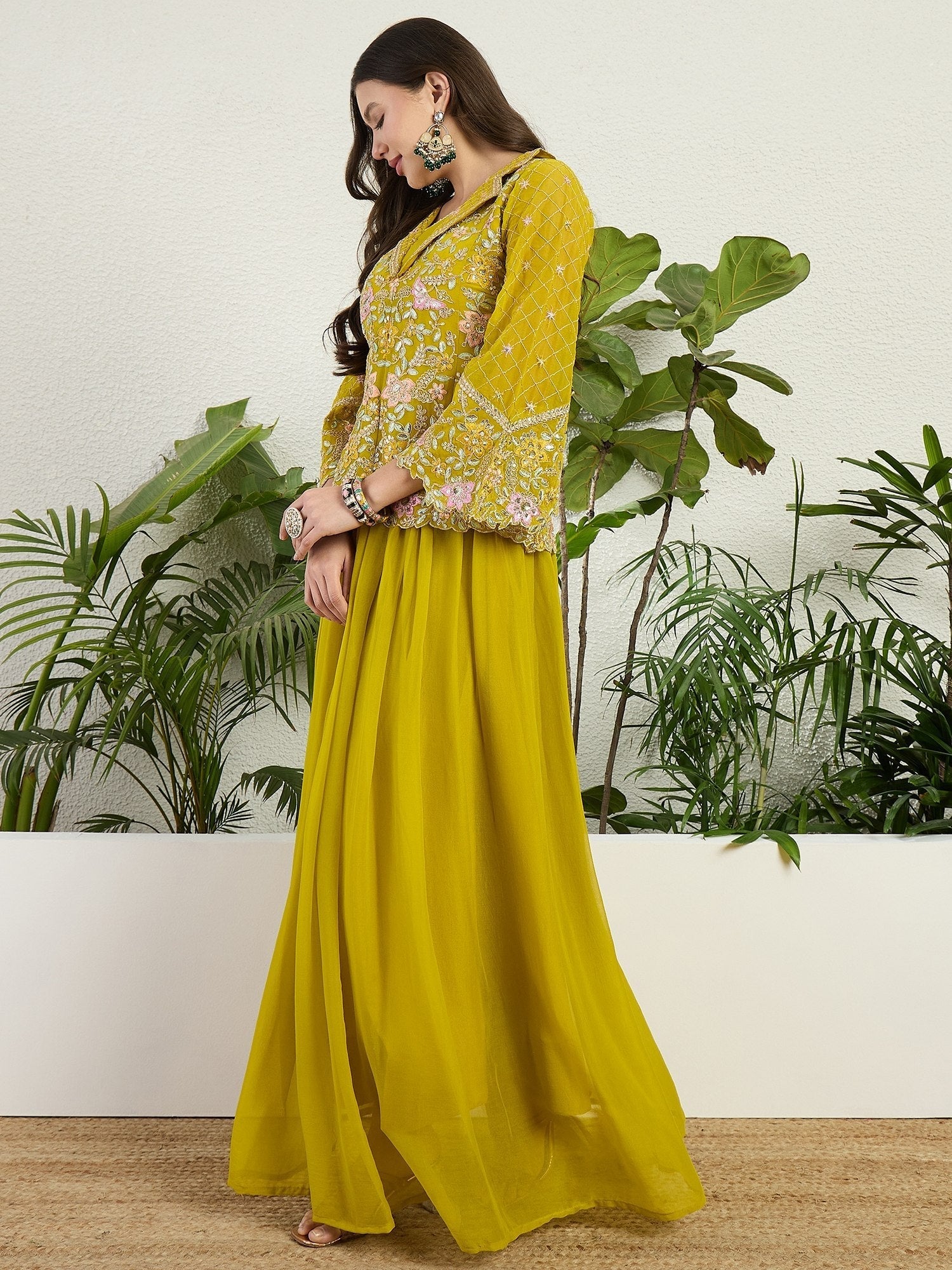 Lemon Embroidered top & bottom ethnic set
