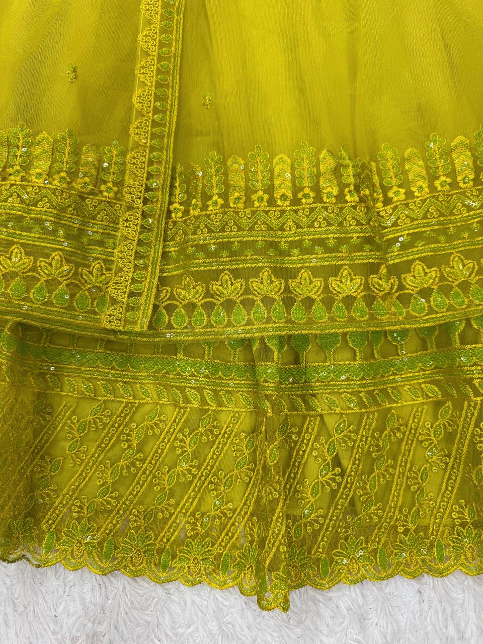Lemon yellow Designer Butterfly Net Kediya Shrug Lehenga Set with Sequins & Thread Work