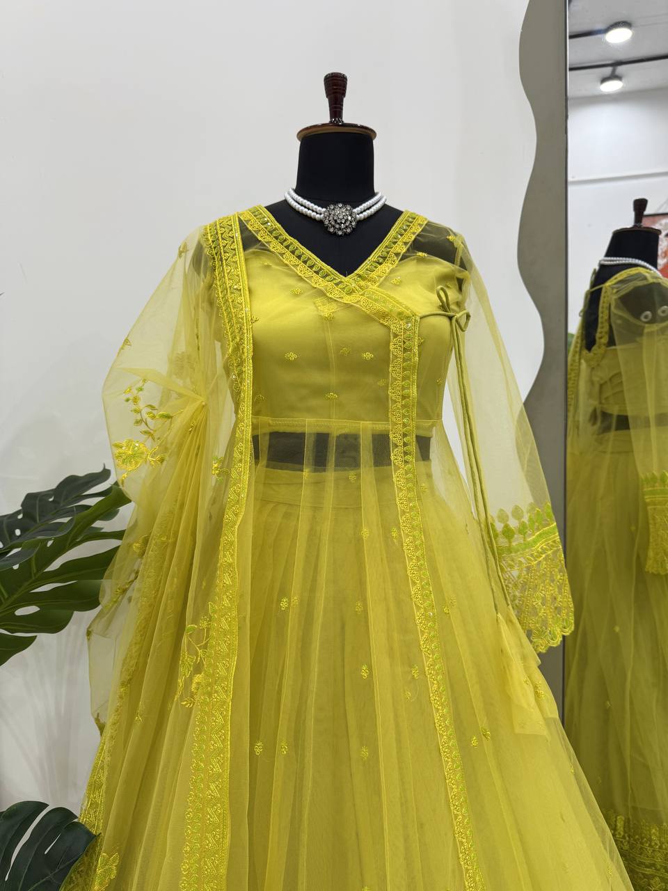 Lemon yellow Designer Butterfly Net Kediya Shrug Lehenga Set with Sequins & Thread Work
