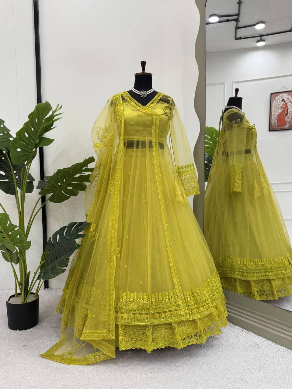 Lemon yellow Designer Butterfly Net Kediya Shrug Lehenga Set with Sequins & Thread Work