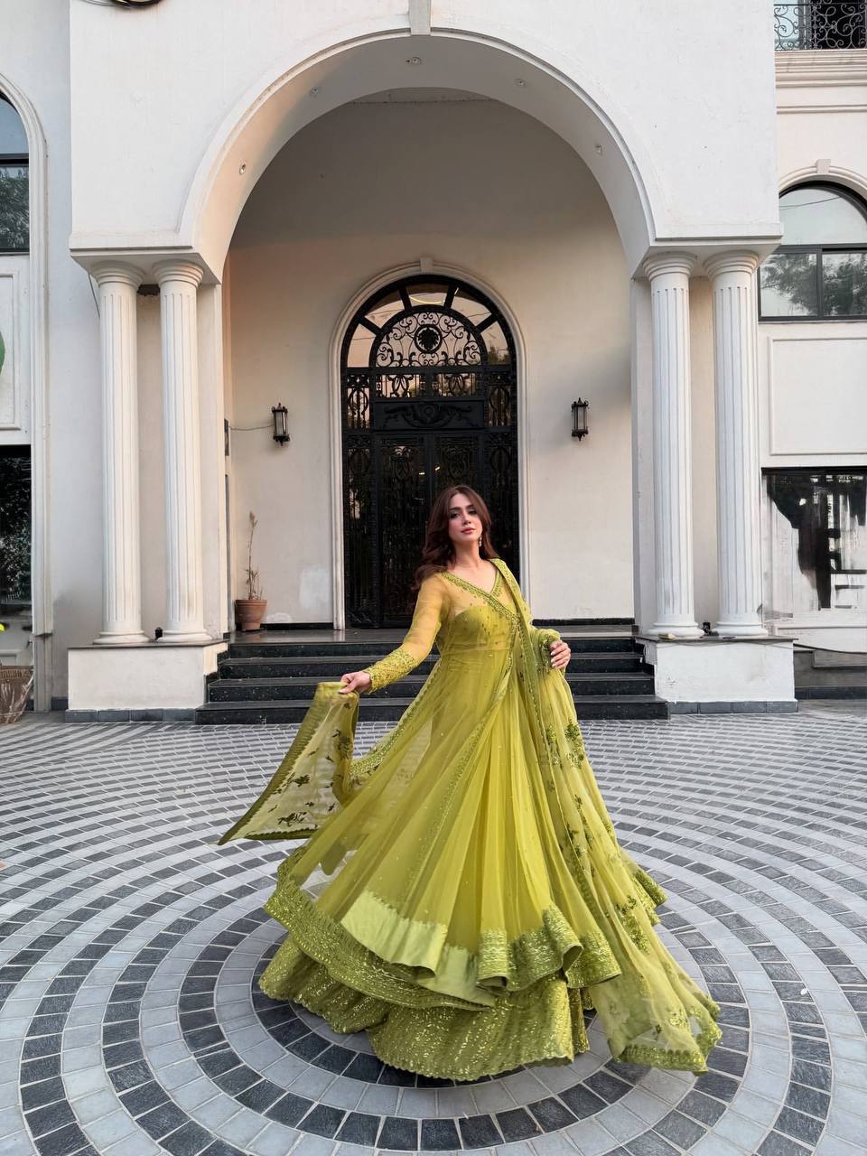 Lemon yellow Designer Butterfly Net Kediya Shrug Lehenga Set with Sequins & Thread Work