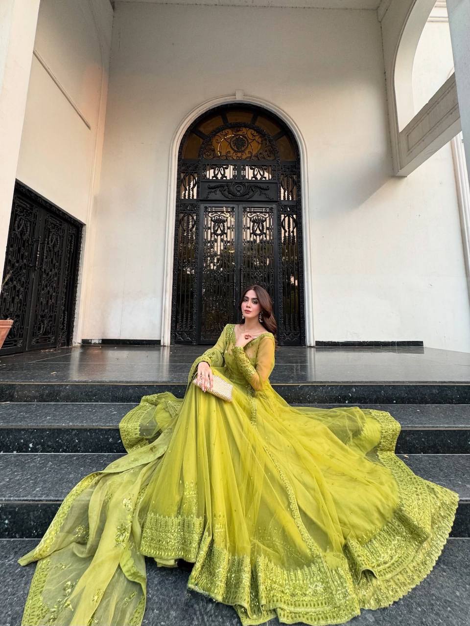 Lemon yellow Designer Butterfly Net Kediya Shrug Lehenga Set with Sequins & Thread Work