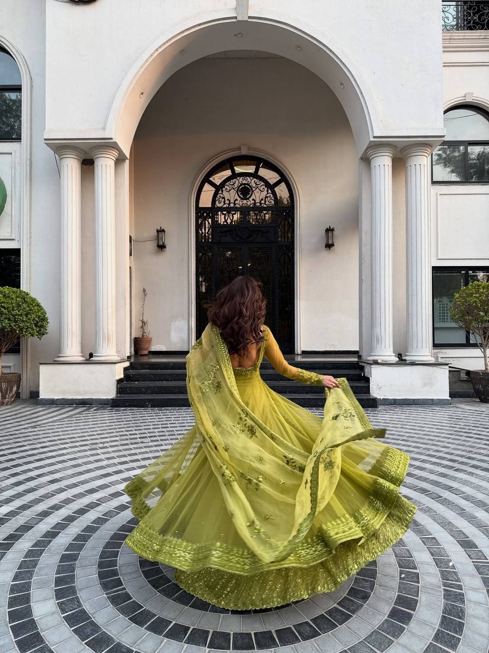 Lemon yellow Designer Butterfly Net Kediya Shrug Lehenga Set with Sequins & Thread Work