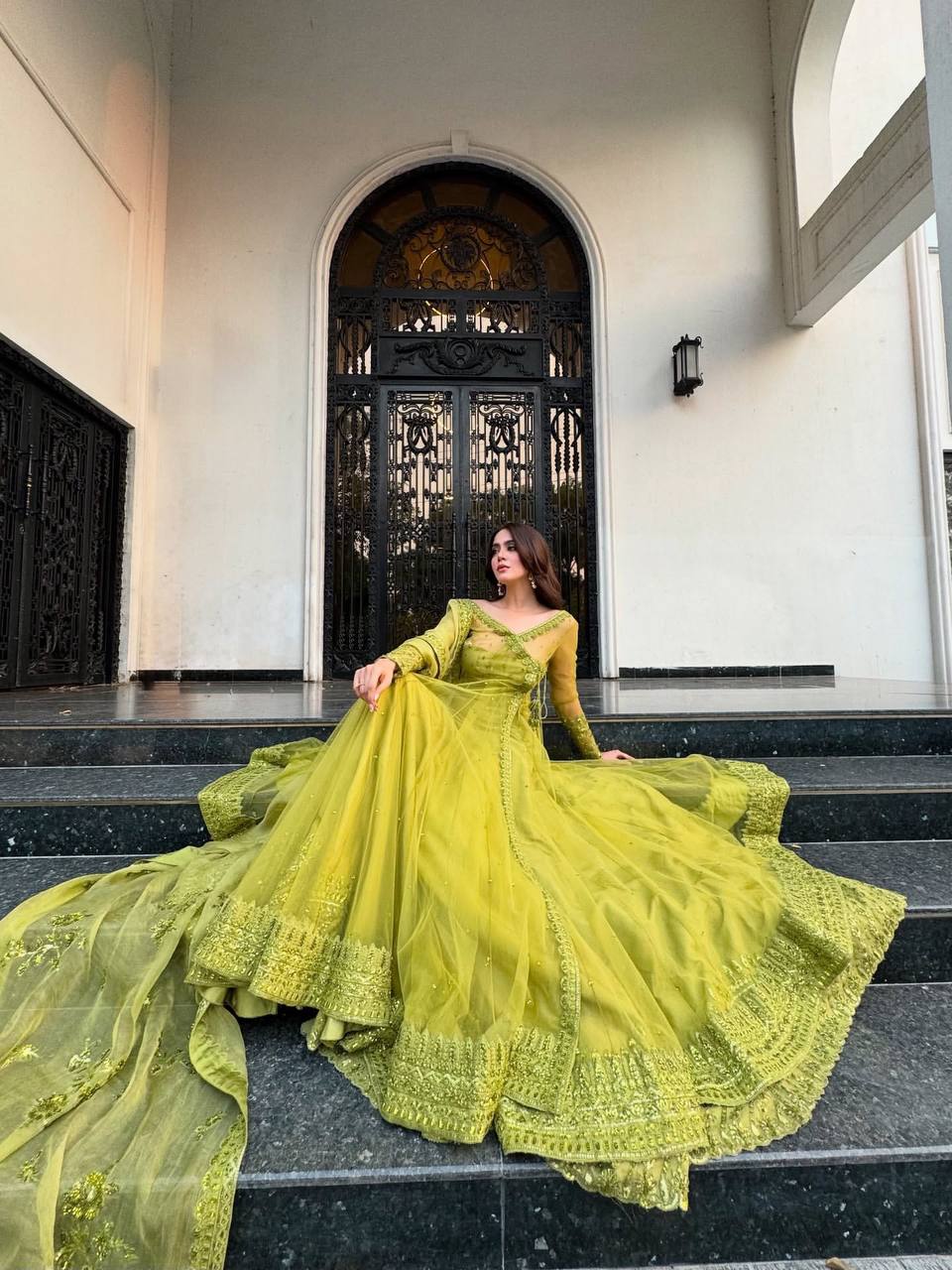 Lemon yellow Designer Butterfly Net Kediya Shrug Lehenga Set with Sequins & Thread Work