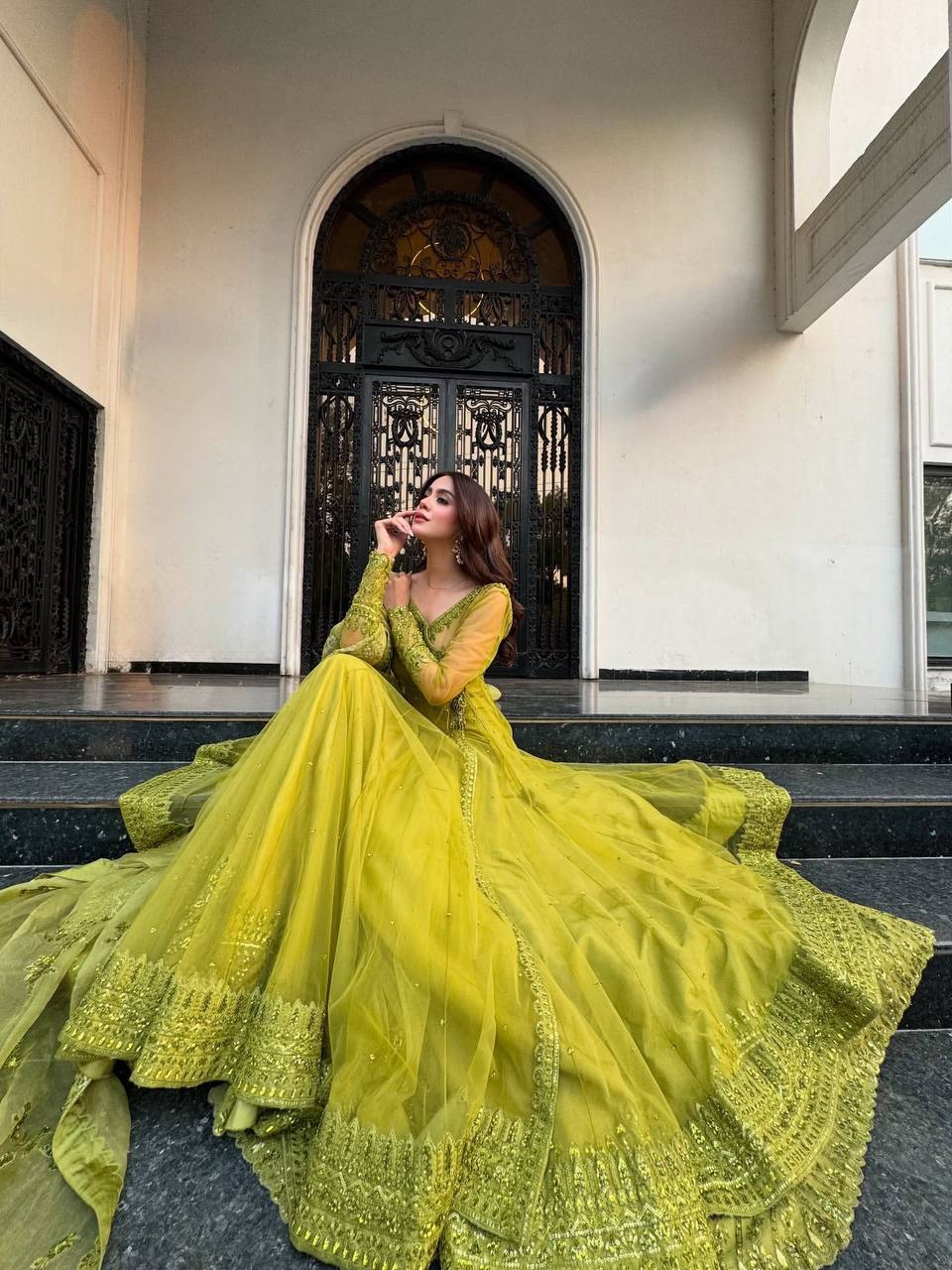 Lemon yellow Designer Butterfly Net Kediya Shrug Lehenga Set with Sequins & Thread Work