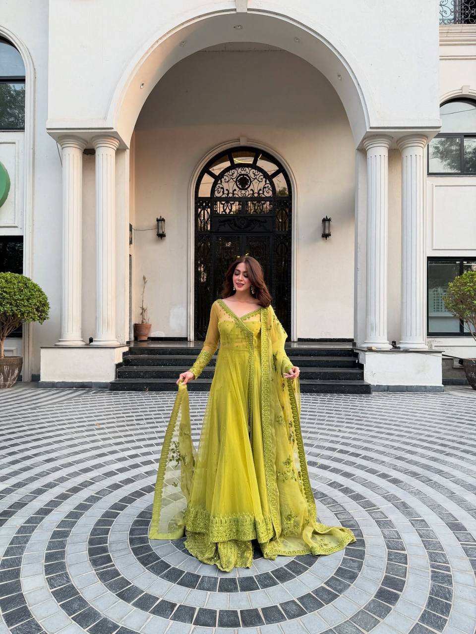 Lemon yellow Designer Butterfly Net Kediya Shrug Lehenga Set with Sequins & Thread Work