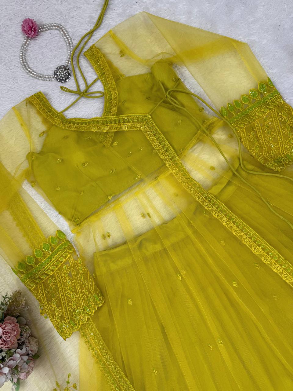 Lemon yellow Designer Butterfly Net Kediya Shrug Lehenga Set with Sequins & Thread Work