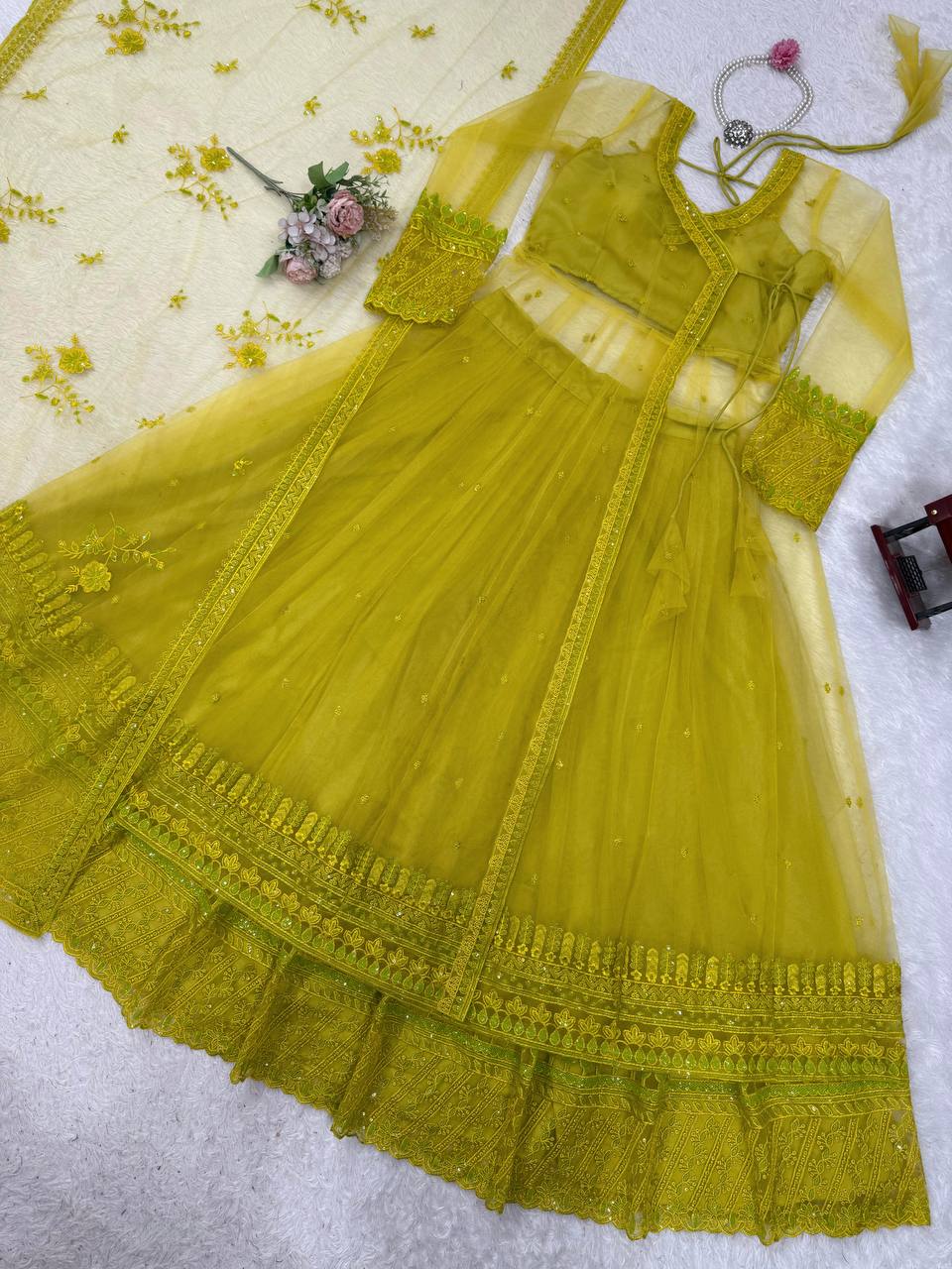 Lemon yellow Designer Butterfly Net Kediya Shrug Lehenga Set with Sequins & Thread Work