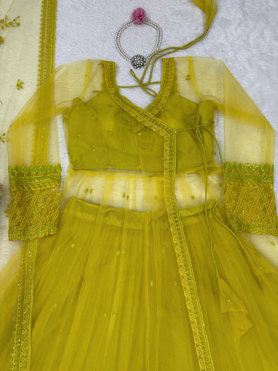 Lemon yellow Designer Butterfly Net Kediya Shrug Lehenga Set with Sequins & Thread Work