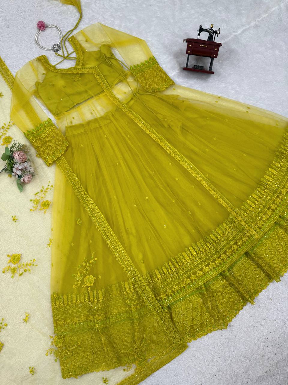 Lemon yellow Designer Butterfly Net Kediya Shrug Lehenga Set with Sequins & Thread Work