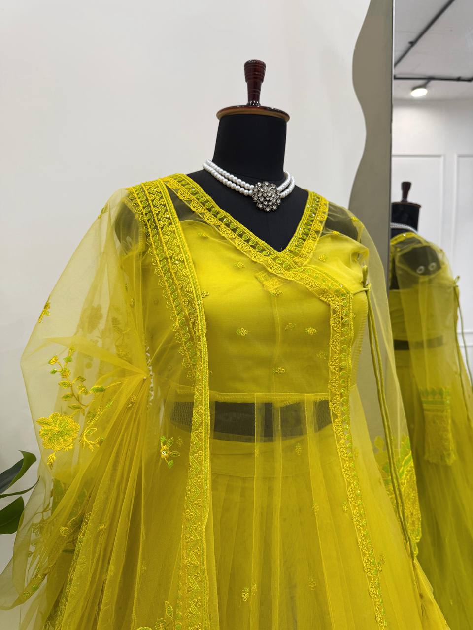 Lemon yellow Designer Butterfly Net Kediya Shrug Lehenga Set with Sequins & Thread Work