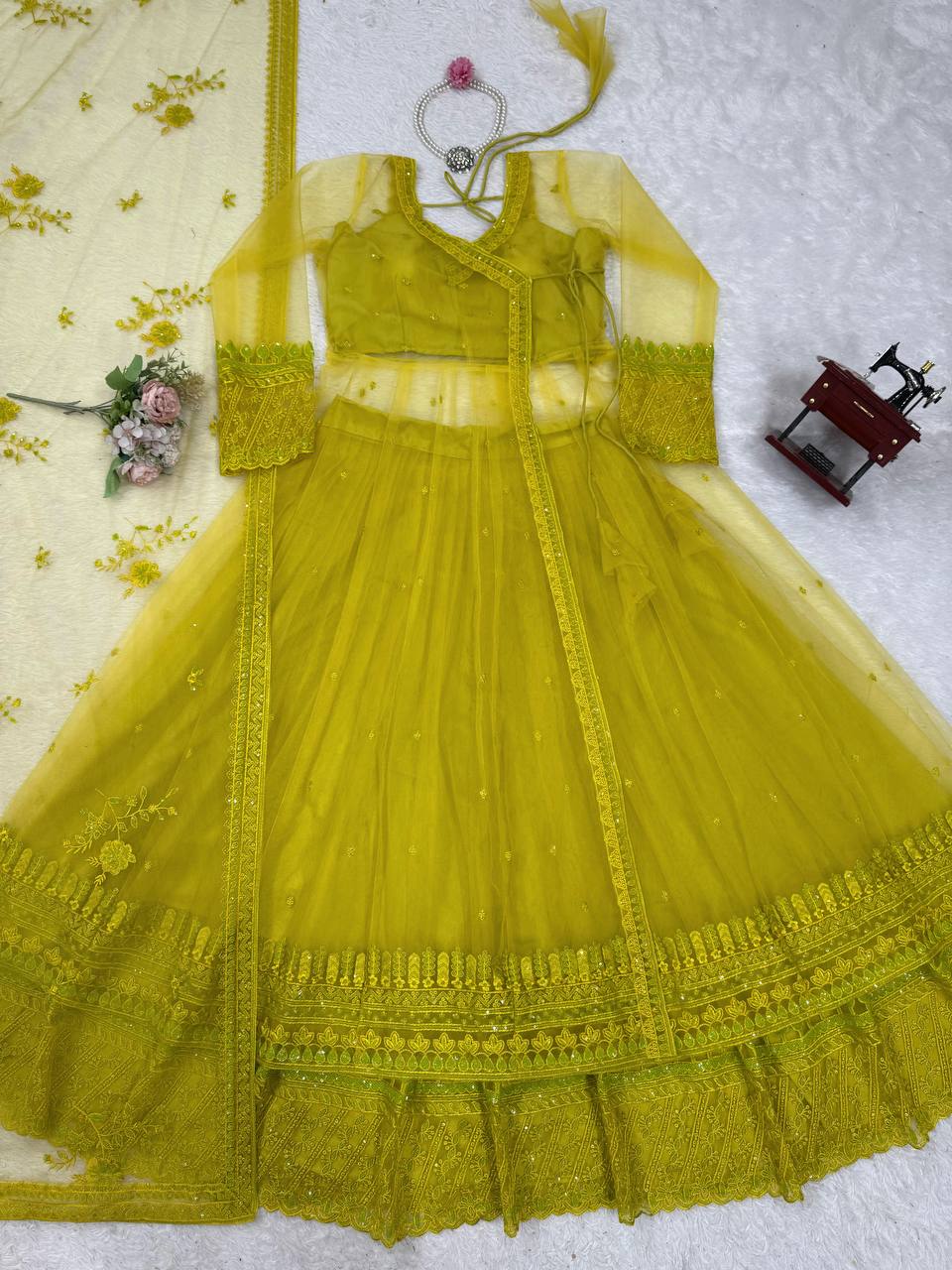 Lemon yellow Designer Butterfly Net Kediya Shrug Lehenga Set with Sequins & Thread Work