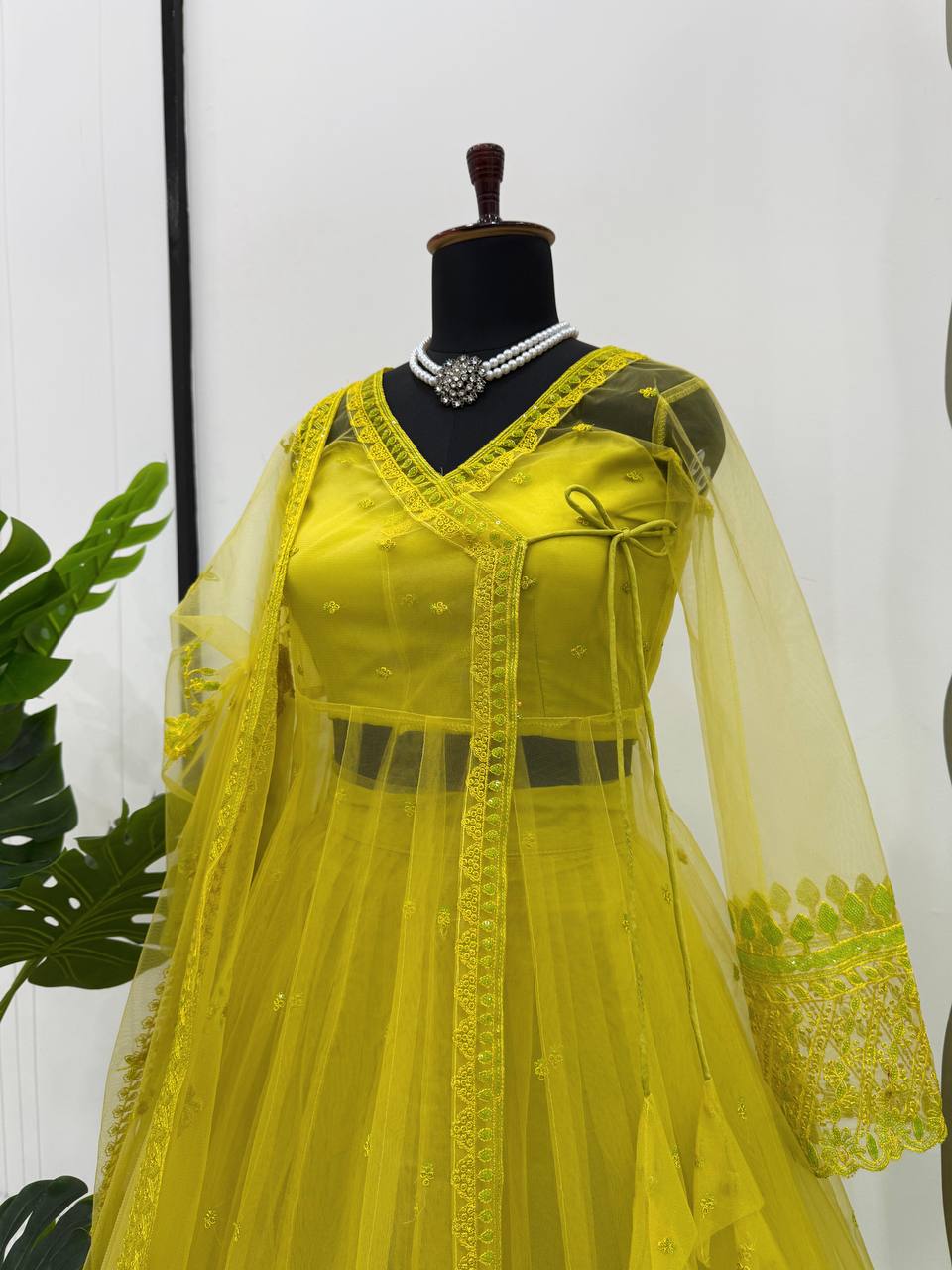 Lemon yellow Designer Butterfly Net Kediya Shrug Lehenga Set with Sequins & Thread Work