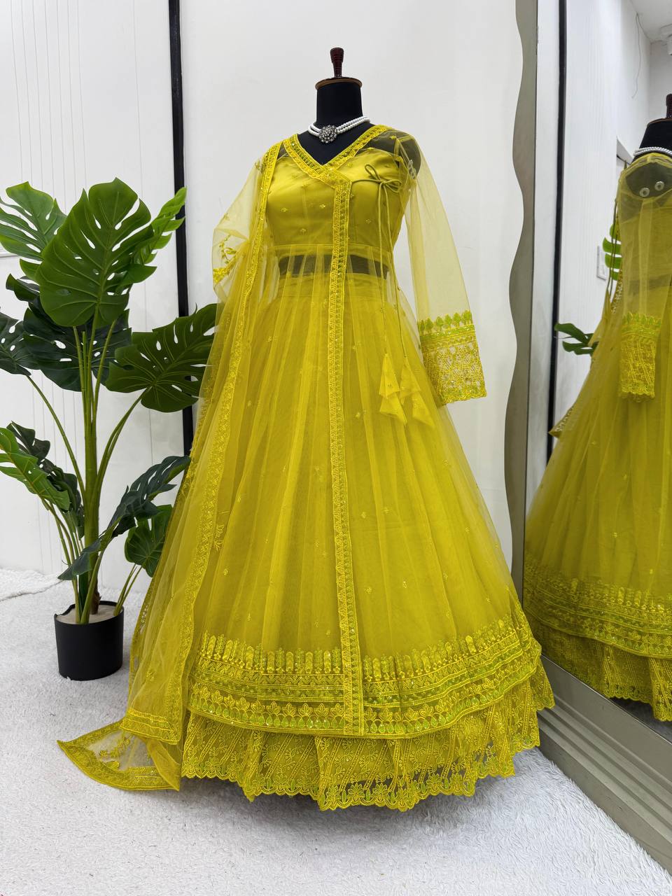 Lemon yellow Designer Butterfly Net Kediya Shrug Lehenga Set with Sequins & Thread Work