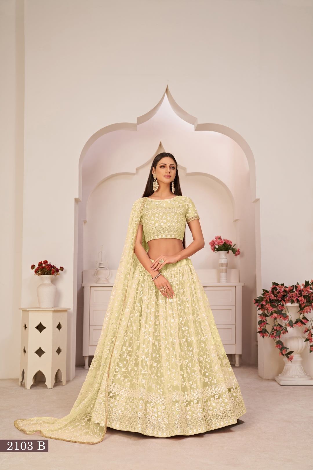 Lemon Yellow Elegant Butterfly Net Lehenga with Intricate Embroidery