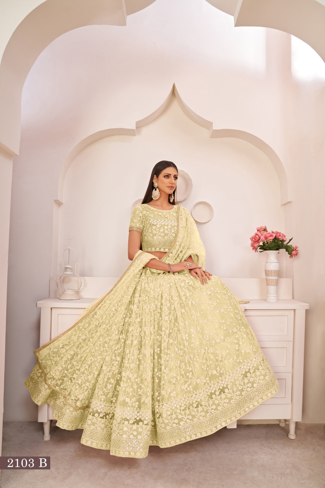 Lemon Yellow Elegant Butterfly Net Lehenga with Intricate Embroidery